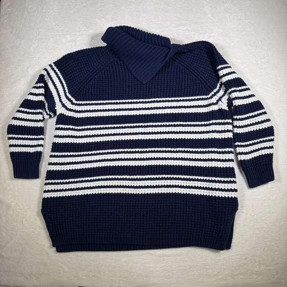 Lands End Navy White Stripe Shawl Collar Chunky Knit Sweater Pullover Plus 3X - Picture 2 of 7